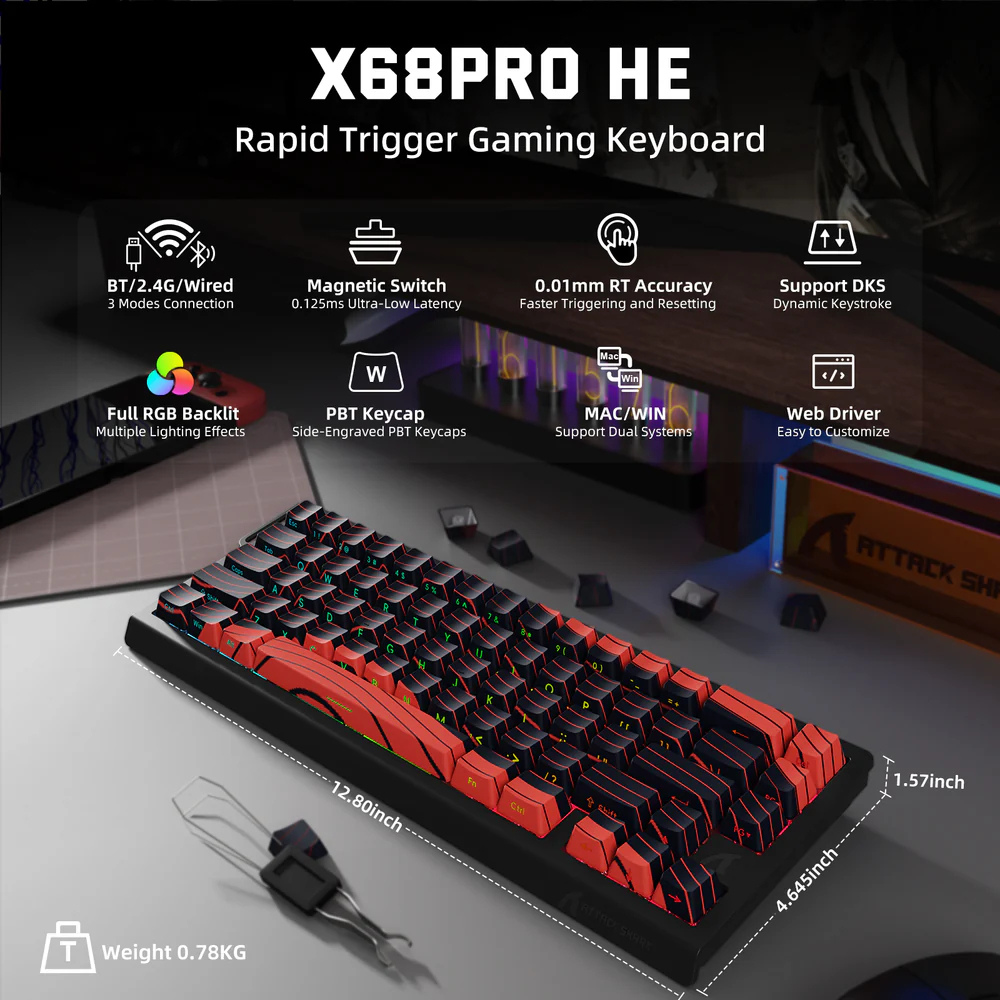 X68PRO HE – كيبورد مغناطيسي سريع الاستجابة، مصمّم لأقصى أداء – وكل هذا بتحكم لاسلكي